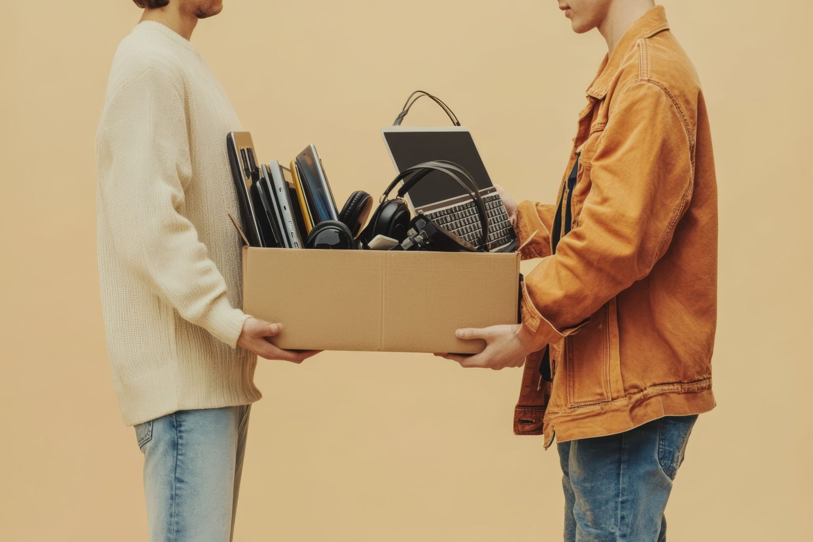 exchanging old electronics a laptop for a box of keyboards, headphones, and smartphones